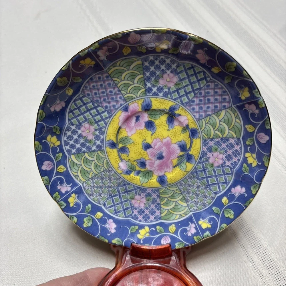 GUMP Botan Imari Tea Cup & Saucer Asian Blue Pink Green Yellow Floral